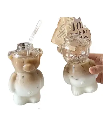 Cartoon Bear Shaped Coffee Mug Cute Bear Mug Glass Cup with Straw Glasses Cup Birthday Christmas Gifts for Women Kids  Friends