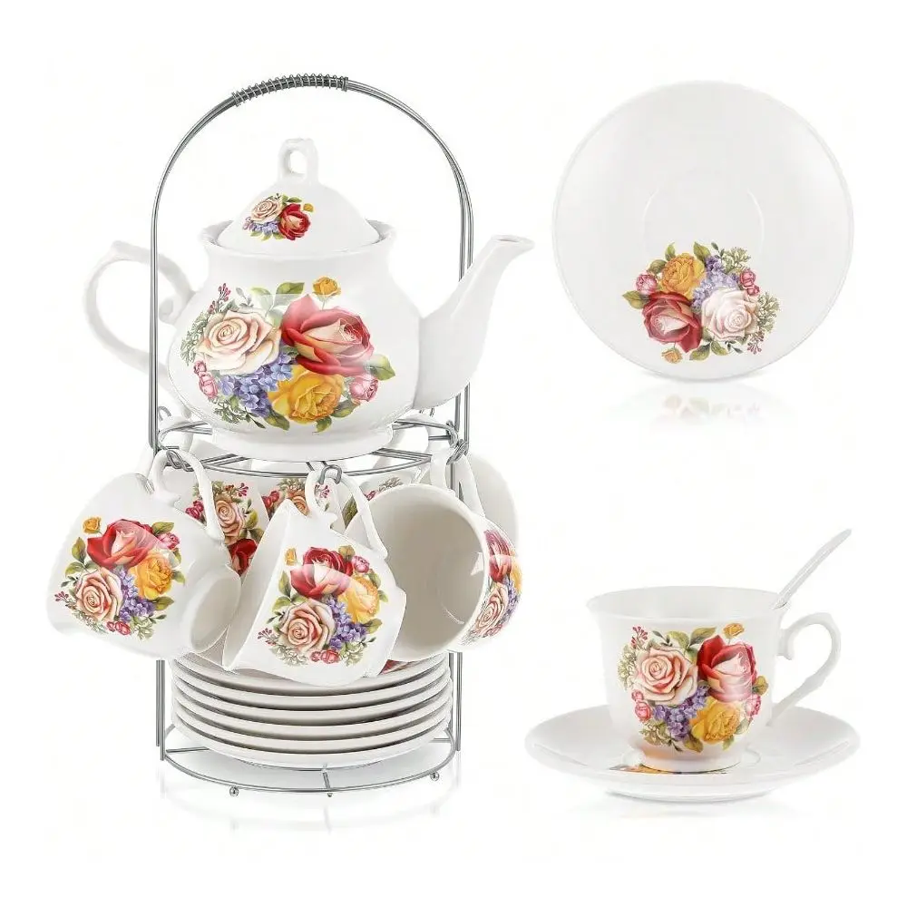 20 Pcs Porcelain Tea Set With Metal Holder And Spoon For Adult Use European Flower Painting Design Large Capacity Ceramic Teapo
20 Pcs Porcelain Tea Set With Metal Holder And Spoon For Adult Use European Flower Painting Design Large Capacity Ceramic Teapo
