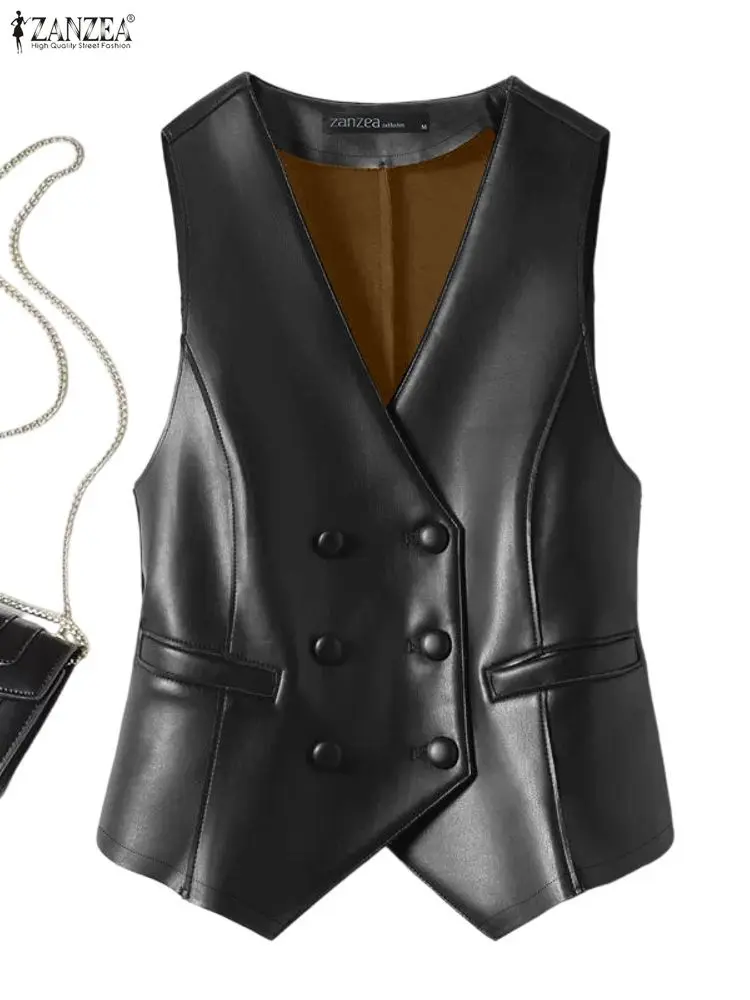 ZANZEA Elegant PU Leather Woman Vests Autumn 2025 Modern V-Neck Double-Breasted Sleeveless Waist Coat Faux Leather Woman Outwear
ZANZEA Elegant PU Leather Woman Vests Autumn 2025 Modern V-Neck Double-Breasted Sleeveless Waist Coat Faux Leather Woman Outwear