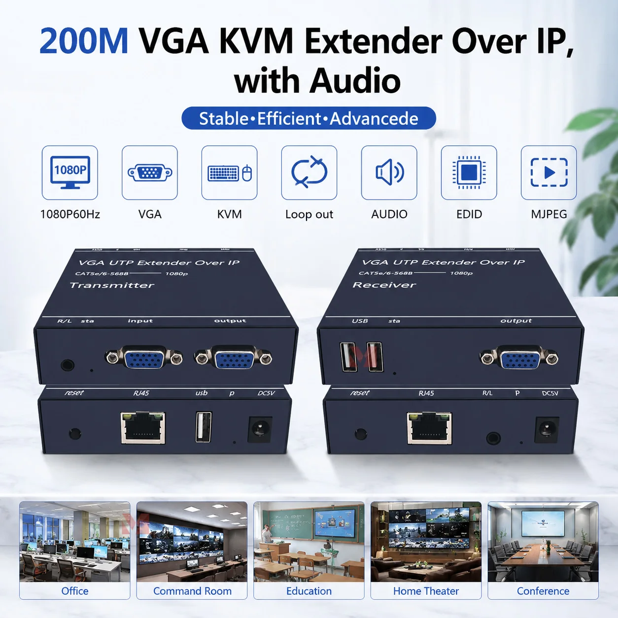 200m VGA KVM Extender Over IP 1080P KVM Extender VGA Extender Via Cat5e/6 Ethernet RJ45 with Audio
200m VGA KVM Extender Over IP 1080P KVM Extender VGA Extender Via Cat5e/6 Ethernet RJ45 with Audio