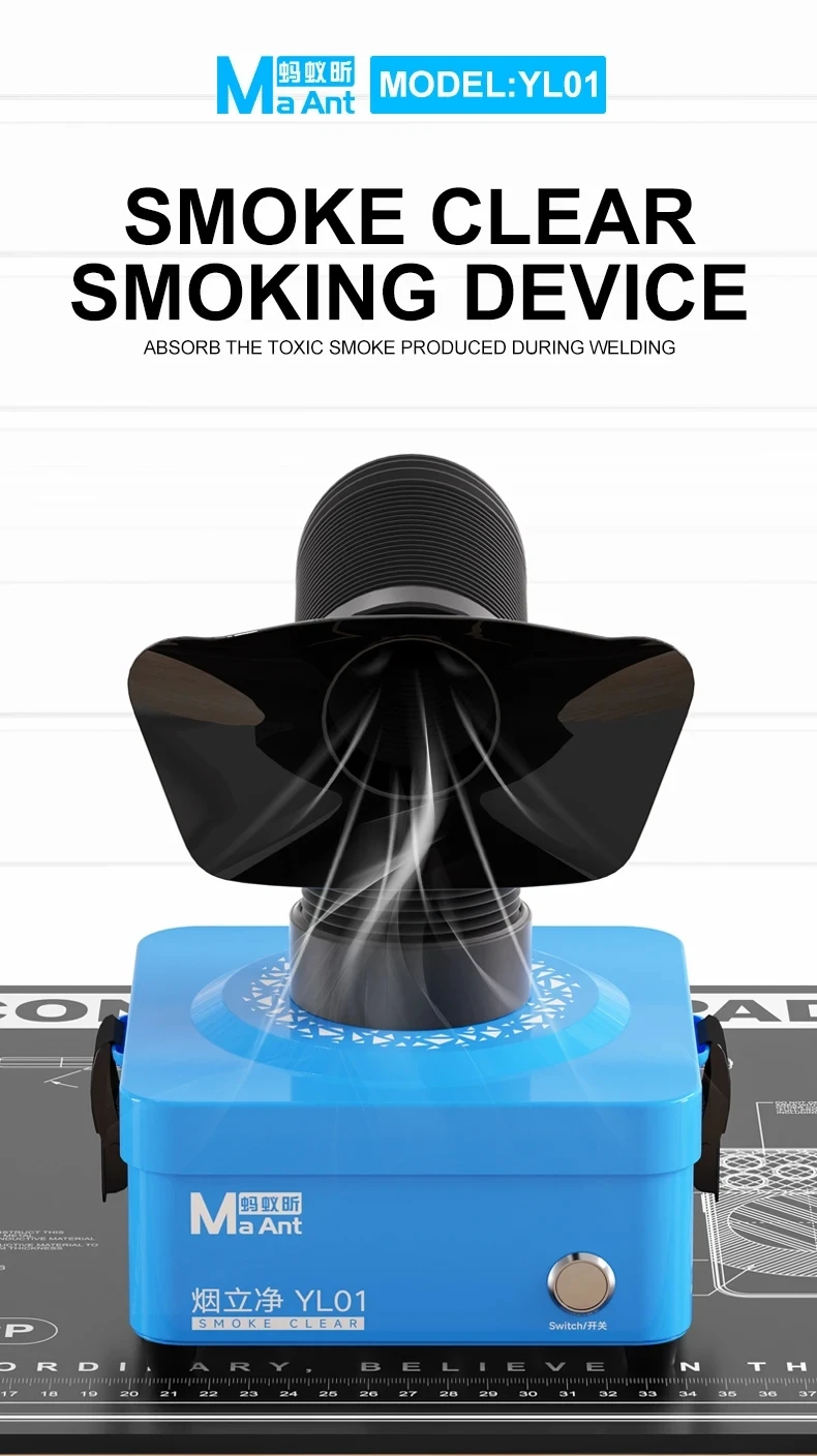 MaAnt YL01 Дымосос Мощный очиститель дыма для ремонта мобильных телефонов, материнская плата, сварка печатных плат
MaAnt YL01 Дымосос Мощный очиститель дыма для ремонта мобильных телефонов, материнская плата, сварка печатных плат