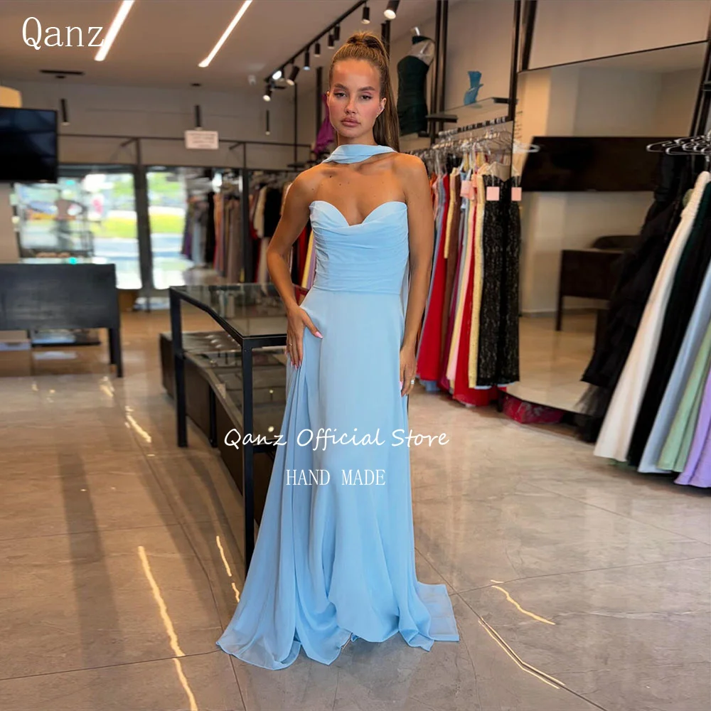 Qanz светло-голубые шифоновые вечерние платья с длинной лентой, женское платье для торжественных случаев без бретелек, Vestidos De Fiesta по индивидуальному заказу
Qanz светло-голубые шифоновые вечерние платья с длинной лентой, женское платье для торжественных случаев без бретелек, Vestidos De Fiesta по индивидуальному заказу