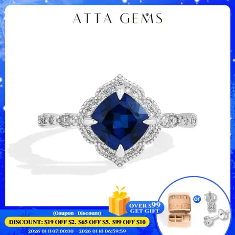 ATTAGEMS Classical Blue Sapphire Ring Cushion Cut 2.0ct DVVS1 Real 925 Sterling Silver For Women Engagement Wedding Fine Jewelry
