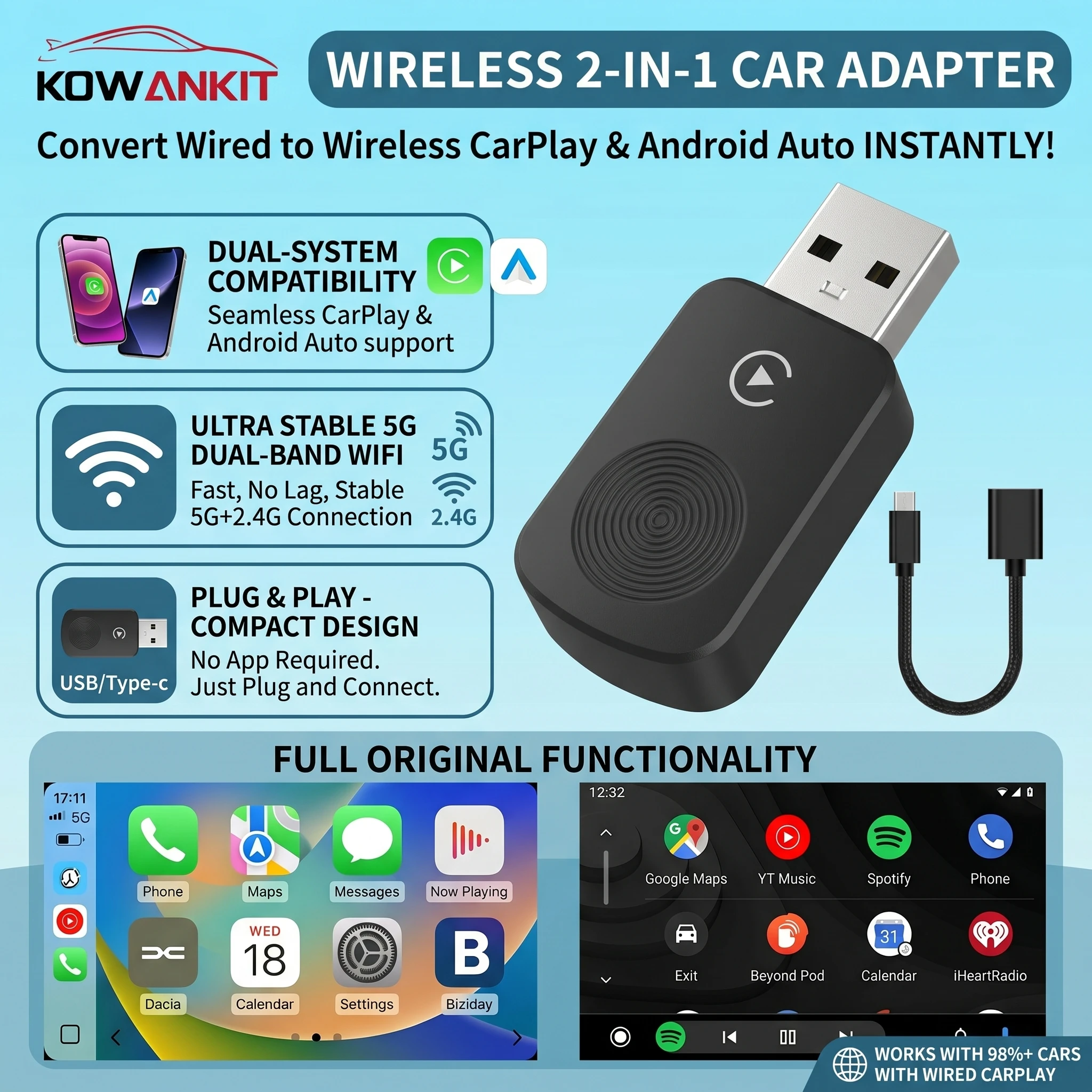 2026 Kowankit Wireless CarPlay Android Auto 2 in 1 Adapter Smart Dongle BT 5G WiFi Plug & Play For Toyota Hyundai Ford VW Nissan
2026 Kowankit Wireless CarPlay Android Auto 2 in 1 Adapter Smart Dongle BT 5G WiFi Plug & Play For Toyota Hyundai Ford VW Nissan
