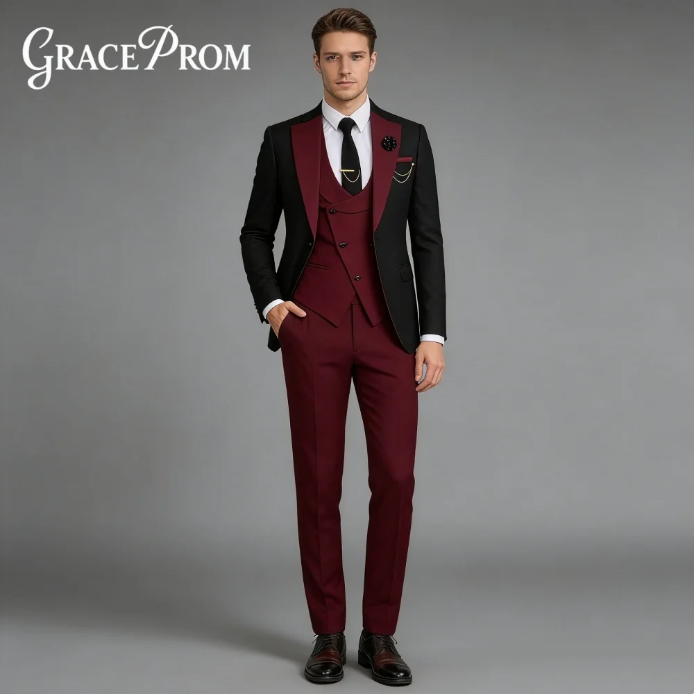 Elegant Black Burgundy Peak Lapel For Men Prom Formal Three Piece Suit Best Man Suit Set Includes Jacket Vest Pants Customized
Elegant Black Burgundy Peak Lapel For Men Prom Formal Three Piece Suit Best Man Suit Set Includes Jacket Vest Pants Customized