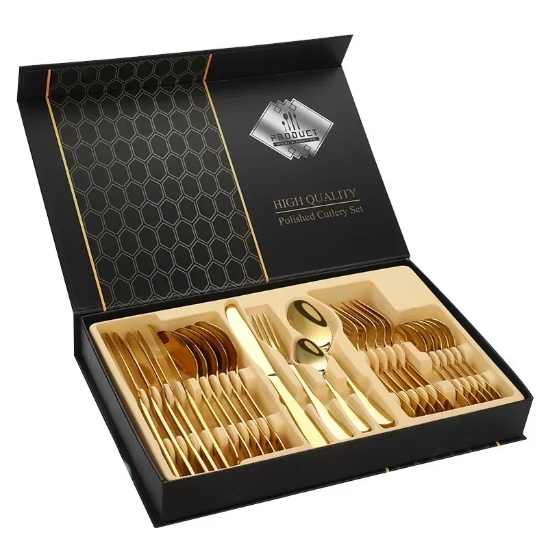 24pcs Golden Tableware Set Light Luxury Stainless Steel Cutlery Fork Knife Spoon Dinnerware Set Minimalist Decor with Gift Box
24pcs Golden Tableware Set Light Luxury Stainless Steel Cutlery Fork Knife Spoon Dinnerware Set Minimalist Decor with Gift Box