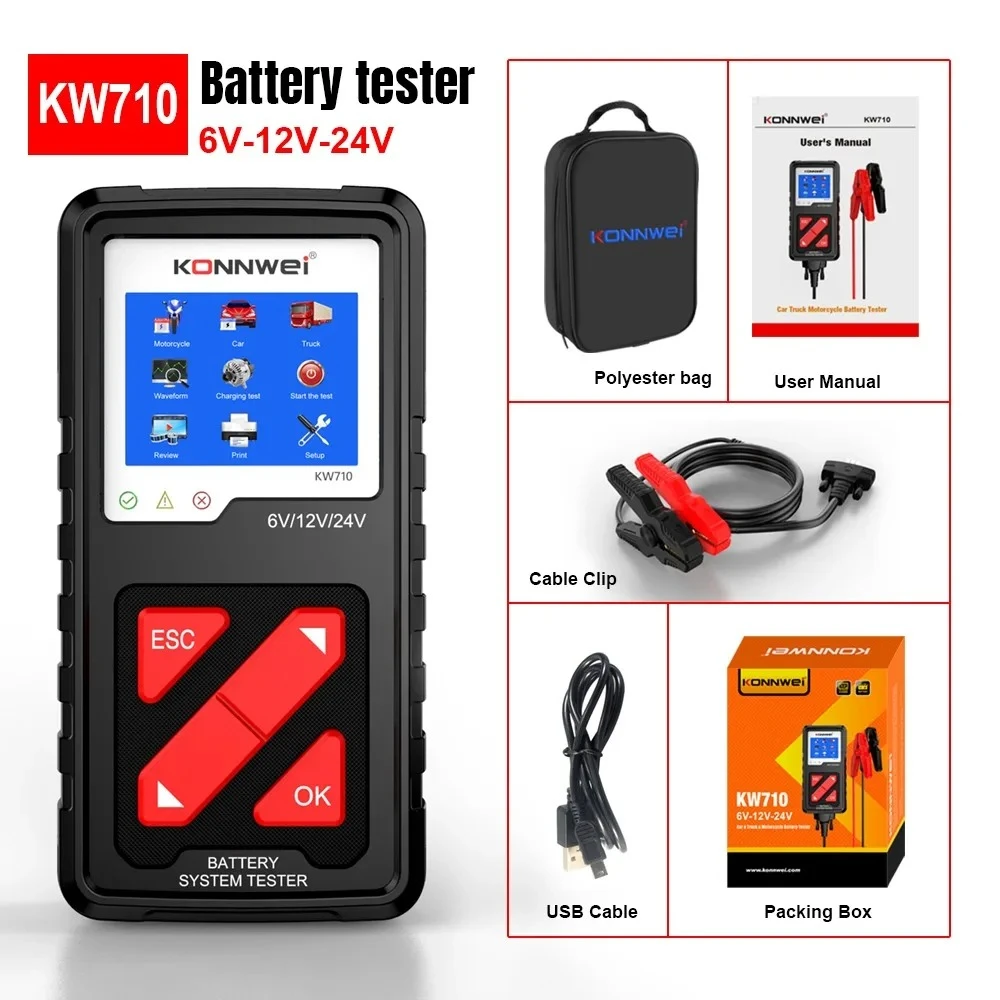 KONNWEI KW710 Car Battery Tester 6V/12V/24V 100-2000CCA Battery Load Tester Charging Diagnostic Tool with Enhanced clip
KONNWEI KW710 Car Battery Tester 6V/12V/24V 100-2000CCA Battery Load Tester Charging Diagnostic Tool with Enhanced clip