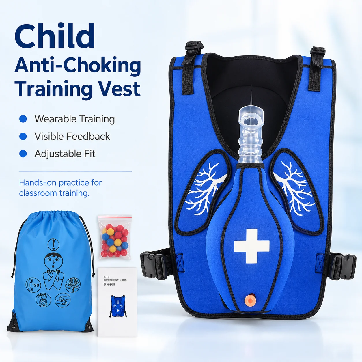 Child Anti-Choking Training Vest Heimlich Practice Trainer with Foam Balls, Manual & Carrying Bag
Child Anti-Choking Training Vest Heimlich Practice Trainer with Foam Balls, Manual & Carrying Bag