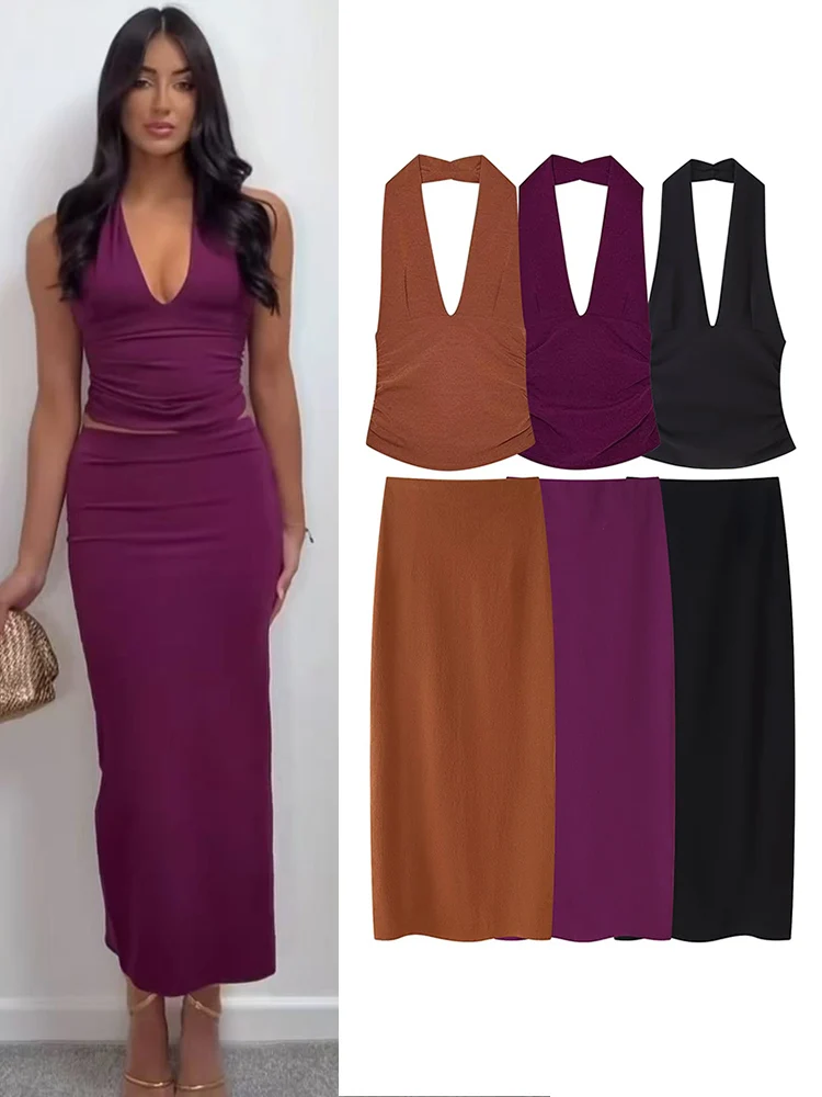 TFMLN 2025 Women Halter Top Skirt Sets Summer Beach Style Backless Sleeveless Off Shoulder Tops Midi Skirts Holiday Sets Outfit
TFMLN 2025 Women Halter Top Skirt Sets Summer Beach Style Backless Sleeveless Off Shoulder Tops Midi Skirts Holiday Sets Outfit