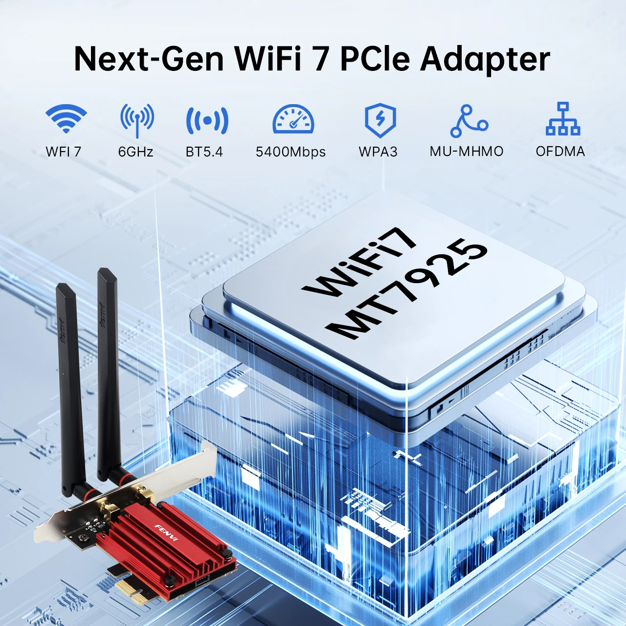 FENVI WIFI 7 FV-BE5400 Tri-Band 6G/5G/2.4Ghz 802.11be Bluetooth 5.4 MT7925 PCIE Wireless WiFi Card for Win10/11 PC Desktop PC
FENVI WIFI 7 FV-BE5400 Tri-Band 6G/5G/2.4Ghz 802.11be Bluetooth 5.4 MT7925 PCIE Wireless WiFi Card for Win10/11 PC Desktop PC