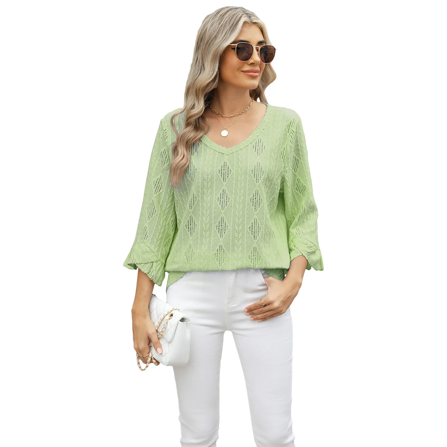 Women's Fashion Hollow Out Jacquard T-shirt Spring Summer New Blouse Casual Holiday V-neck Loose Bell Sleeve Geometric Shirt Top
Women's Fashion Hollow Out Jacquard T-shirt Spring Summer New Blouse Casual Holiday V-neck Loose Bell Sleeve Geometric Shirt Top