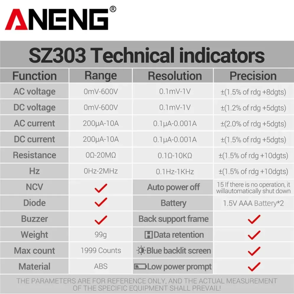 ANENG SZ303 Smart Multimeter Digital Professional 1999 Count AC Voltage Tester 600V Voltmeter NCV Resistance Hz Diode Ohm Test
ANENG SZ303 Smart Multimeter Digital Professional 1999 Count AC Voltage Tester 600V Voltmeter NCV Resistance Hz Diode Ohm Test