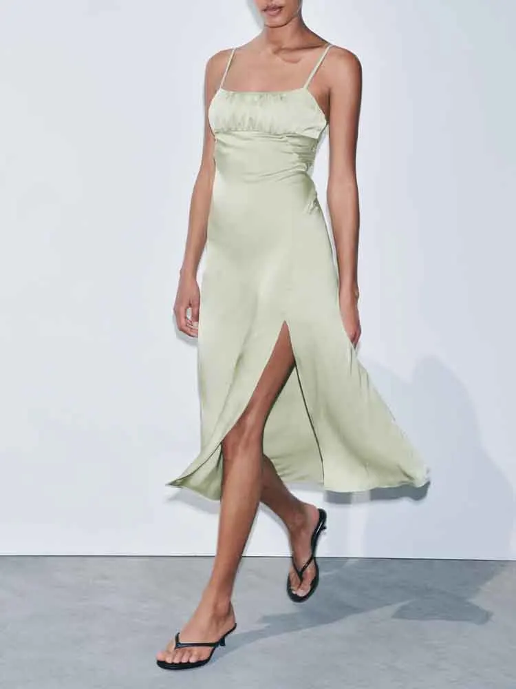 European style new women's fashion versatile temperament satin texture side slit thin suspender backless dress
European style new women's fashion versatile temperament satin texture side slit thin suspender backless dress