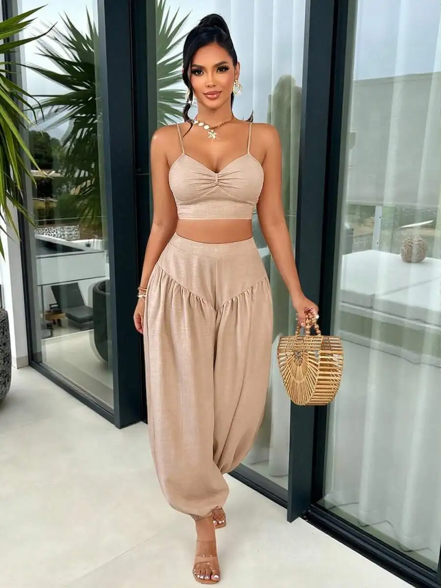 Casual Vacation Adjustable Camisole Top With Twist Detail And Loose Wide Leg Pants Summer Elegant
Casual Vacation Adjustable Camisole Top With Twist Detail And Loose Wide Leg Pants Summer Elegant
