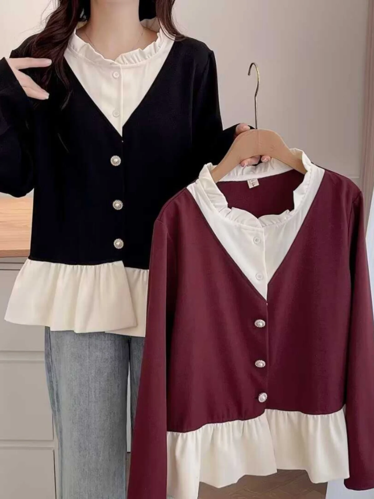 Slimming Plaid Flounce Collar Color Block Shirt Women's Spring Autumn plus Size Fashionable Retro Style Fake Two-Piece Top
Slimming Plaid Flounce Collar Color Block Shirt Women's Spring Autumn plus Size Fashionable Retro Style Fake Two-Piece Top