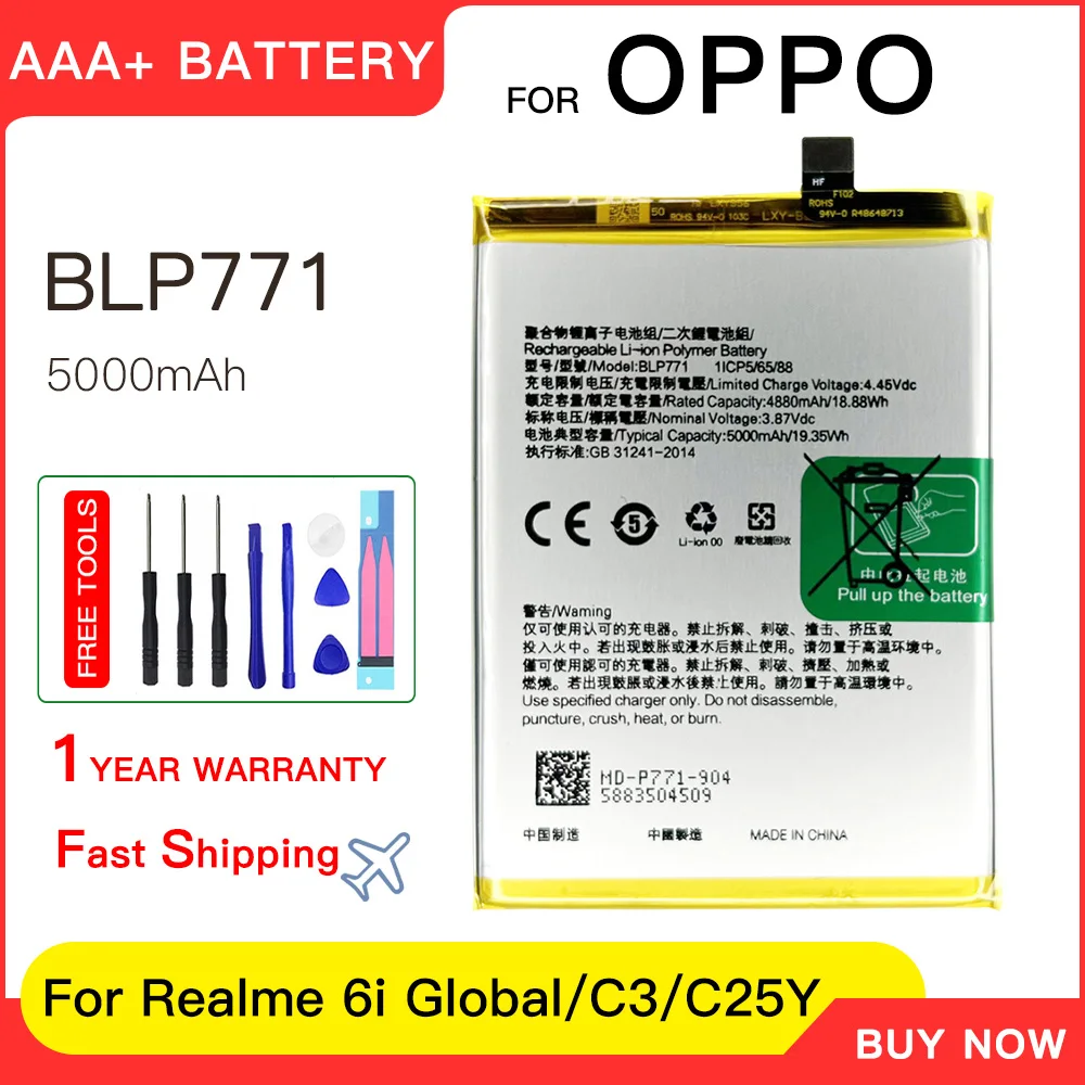 Genuine BLP771 5000mAh Replacement Battery for Realme 6i Global C25Y Mobile Phone Batteries batteria+Free tools
Genuine BLP771 5000mAh Replacement Battery for Realme 6i Global C25Y Mobile Phone Batteries batteria+Free tools