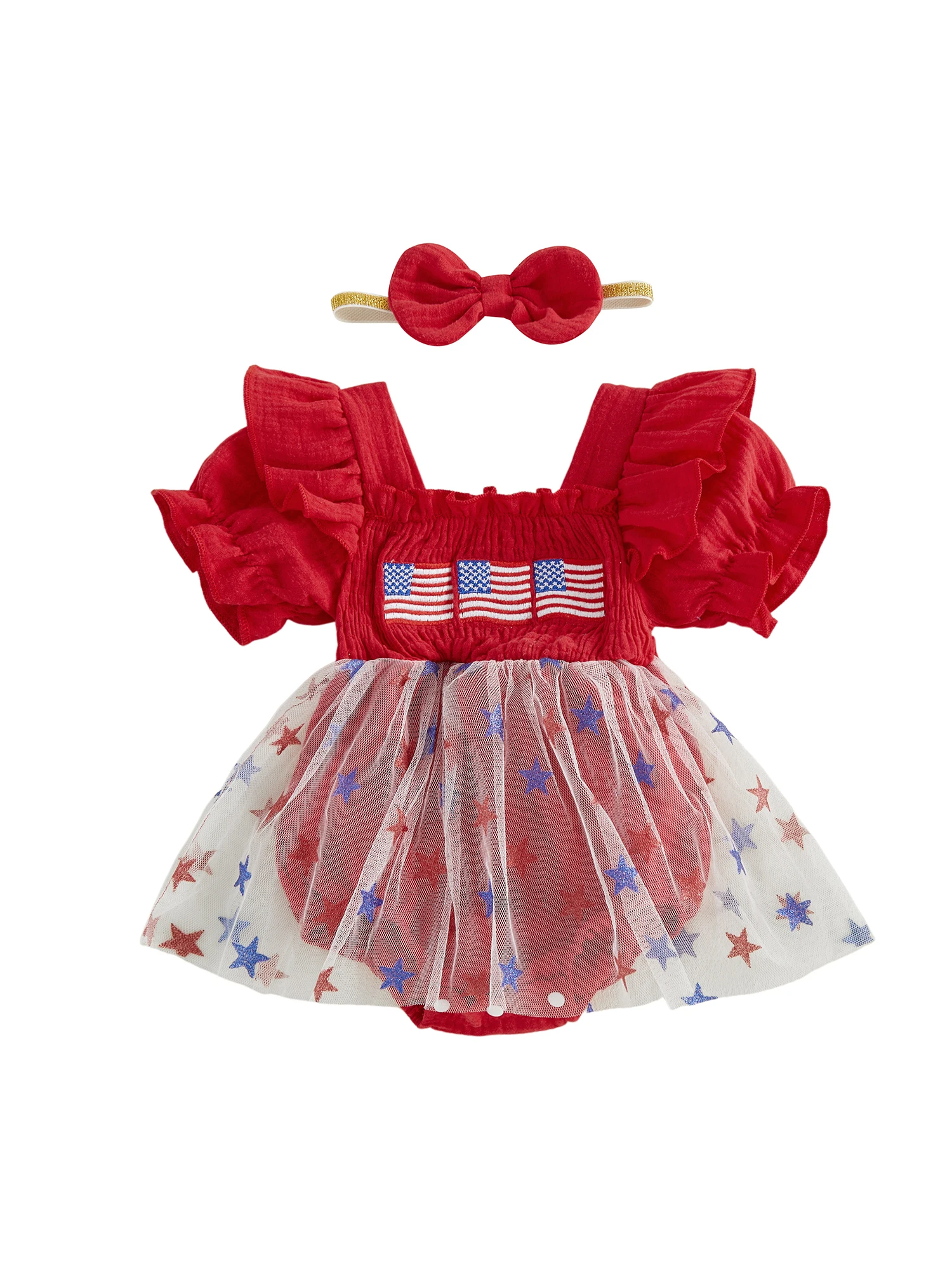 Adorable Infant Independence Day Outfit Stylish USA Flag Embroidered Romper Dress with Matching Headband and Star Print Tulle -
Adorable Infant Independence Day Outfit Stylish USA Flag Embroidered Romper Dress with Matching Headband and Star Print Tulle -
