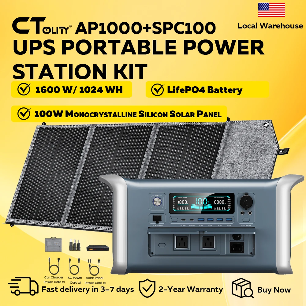 CTOLITY AP1000 1600W Portable Power Station 320000mAh LiFePO4 Battery 100W Monocrystalline Solar Panel Included Dual Solar Fast Charging for RV, Camping, Outdoor, Travel
CTOLITY AP1000 1600W Portable Power Station 320000mAh LiFePO4 Battery 100W Monocrystalline Solar Panel Included Dual Solar Fast Charging for RV, Camping, Outdoor, Travel