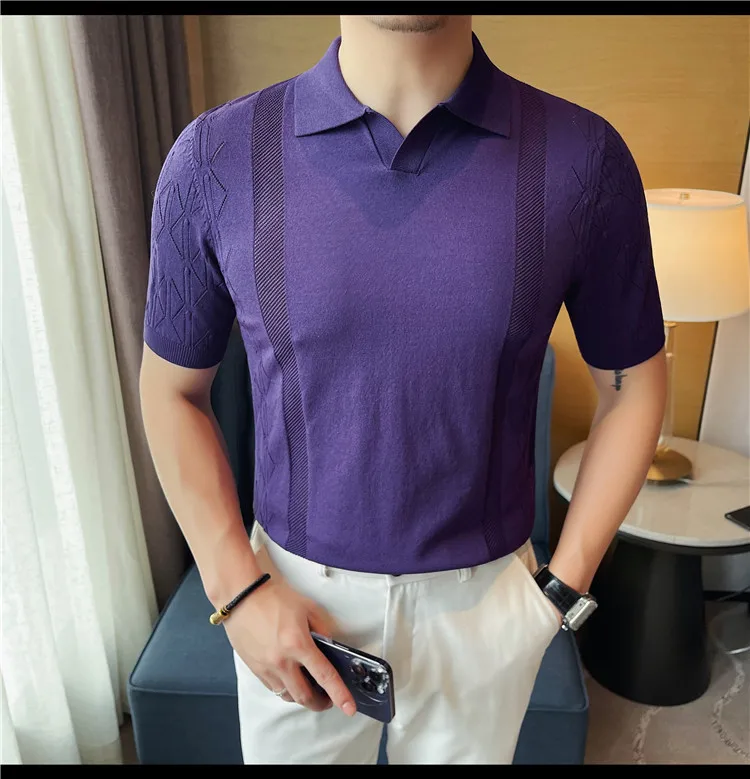 Men's Short Sleeve Knitted Polos Shirt Ice Silk Polo Tee Summer Slim Fit All Match Solid Color T-shirt Luxury Purple Spring New
Men's Short Sleeve Knitted Polos Shirt Ice Silk Polo Tee Summer Slim Fit All Match Solid Color T-shirt Luxury Purple Spring New