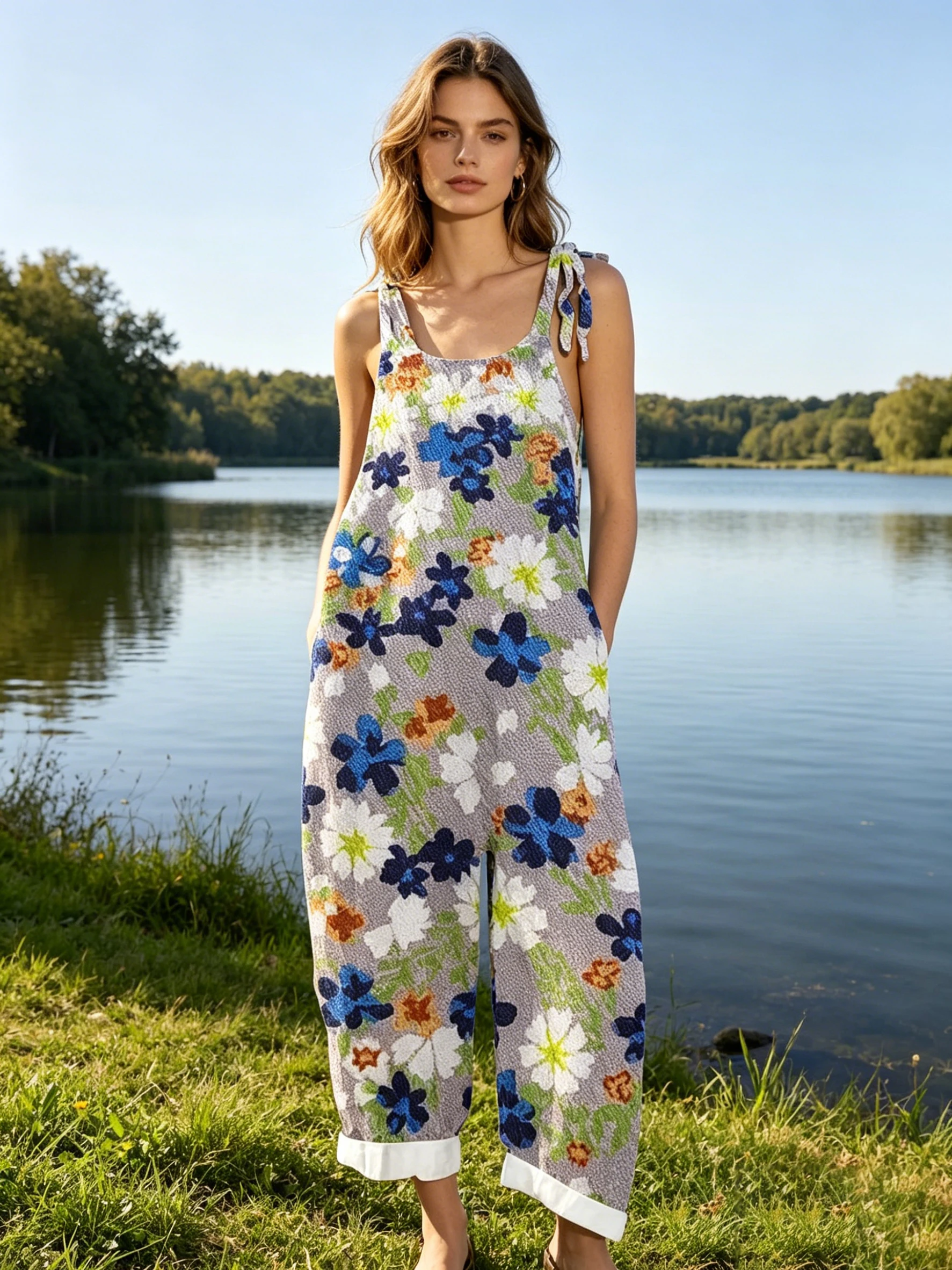 Women Vintage Multicolor Small Floral Print Jumpsuit Summer Bow Tie Strap Sleeveless Square Neck Loose Cuffed Ankle Lake Beach H
Women Vintage Multicolor Small Floral Print Jumpsuit Summer Bow Tie Strap Sleeveless Square Neck Loose Cuffed Ankle Lake Beach H