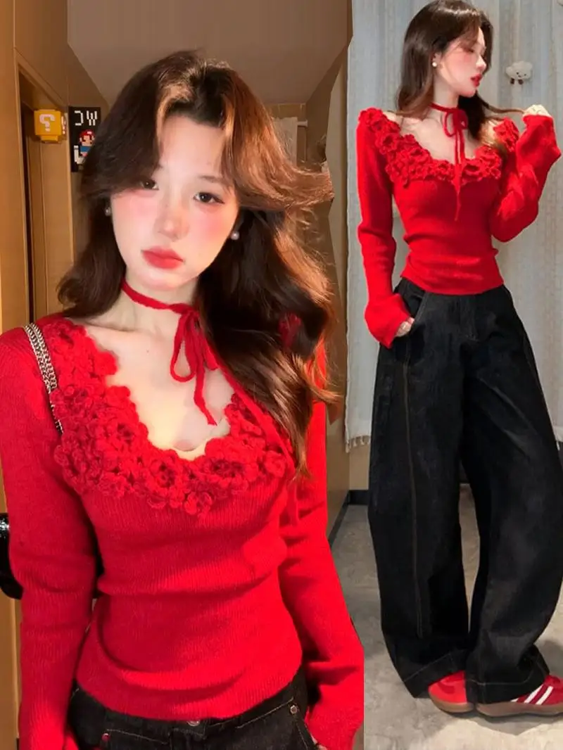 Red High-End 3D Flower Neck Hanging Sweater Bell Sleeve V-Neck Base Knitted Winter Fashion Women's Knitwear Commute Style
Red High-End 3D Flower Neck Hanging Sweater Bell Sleeve V-Neck Base Knitted Winter Fashion Women's Knitwear Commute Style