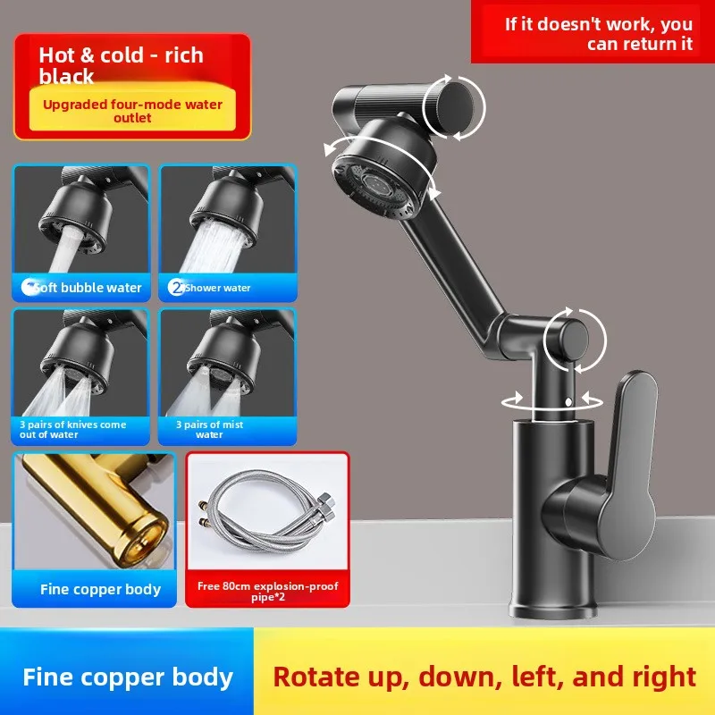 Black 1080° Swivel Bathroom Faucet, 4-Mode Water Flow Mixer Tap, Solid Brass Hot & Cold Control with Ceramic Valve Core
Black 1080° Swivel Bathroom Faucet, 4-Mode Water Flow Mixer Tap, Solid Brass Hot & Cold Control with Ceramic Valve Core