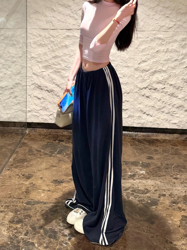 American Retro Wide Leg Sport Pants Women's Summer Loose Slimming Casual Floor-Length Pants Side Stripe Dark Blue Casual Style
American Retro Wide Leg Sport Pants Women's Summer Loose Slimming Casual Floor-Length Pants Side Stripe Dark Blue Casual Style