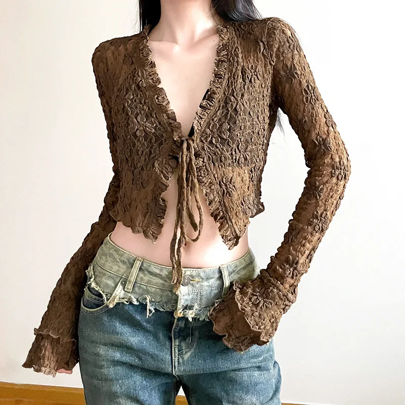 Sexy Lace See-through Small Cardigan T-shirt Strap V-neck Slimming Crop Long Sleeve Blouse
Sexy Lace See-through Small Cardigan T-shirt Strap V-neck Slimming Crop Long Sleeve Blouse