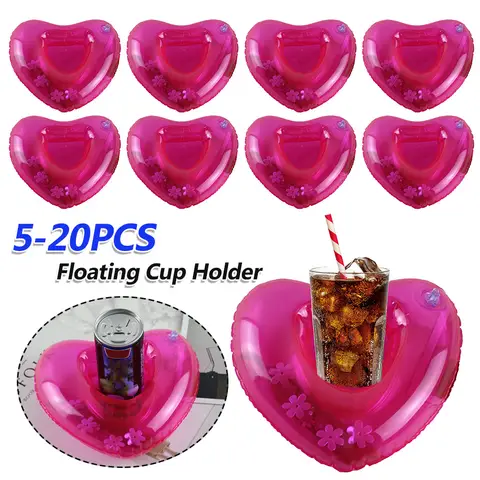 20-5PCS Heart Shaped Inflatable Drinks Holder Multifunction Floating Water Cup Coasters Kids Bath Shower Toy for Swimming Pool