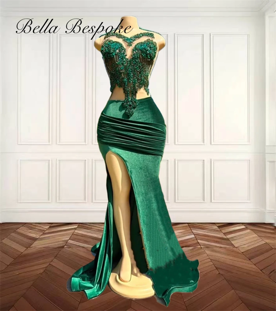 Green Pleats Long Prom Dresses Velvet Bead Crystal Birthday Party Dress Mermaid High Split O Neck Evening Gowns Customized
Green Pleats Long Prom Dresses Velvet Bead Crystal Birthday Party Dress Mermaid High Split O Neck Evening Gowns Customized
