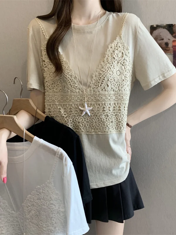 plus Size Women's Sweet Style Short Sleeve round Neck T-Shirt Summer New Slimming Versatile Splicing Top Trendy Commute Style
plus Size Women's Sweet Style Short Sleeve round Neck T-Shirt Summer New Slimming Versatile Splicing Top Trendy Commute Style