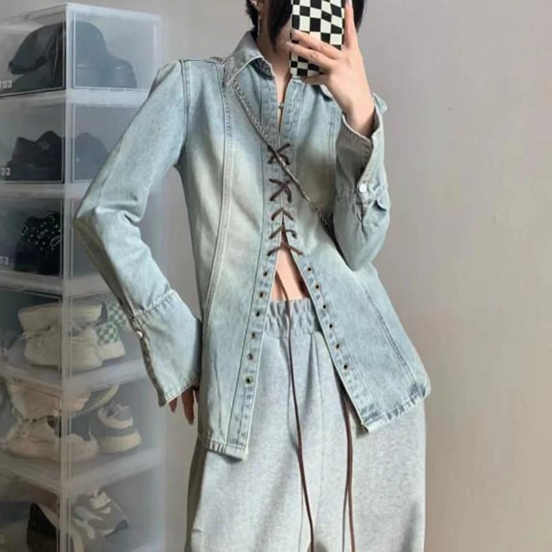 Harajuku Women Denim Shirts American Retro Lace Up Casual Long Sleeve Tops Punk Fashion Streetwear Female Denim Outwear
Harajuku Women Denim Shirts American Retro Lace Up Casual Long Sleeve Tops Punk Fashion Streetwear Female Denim Outwear