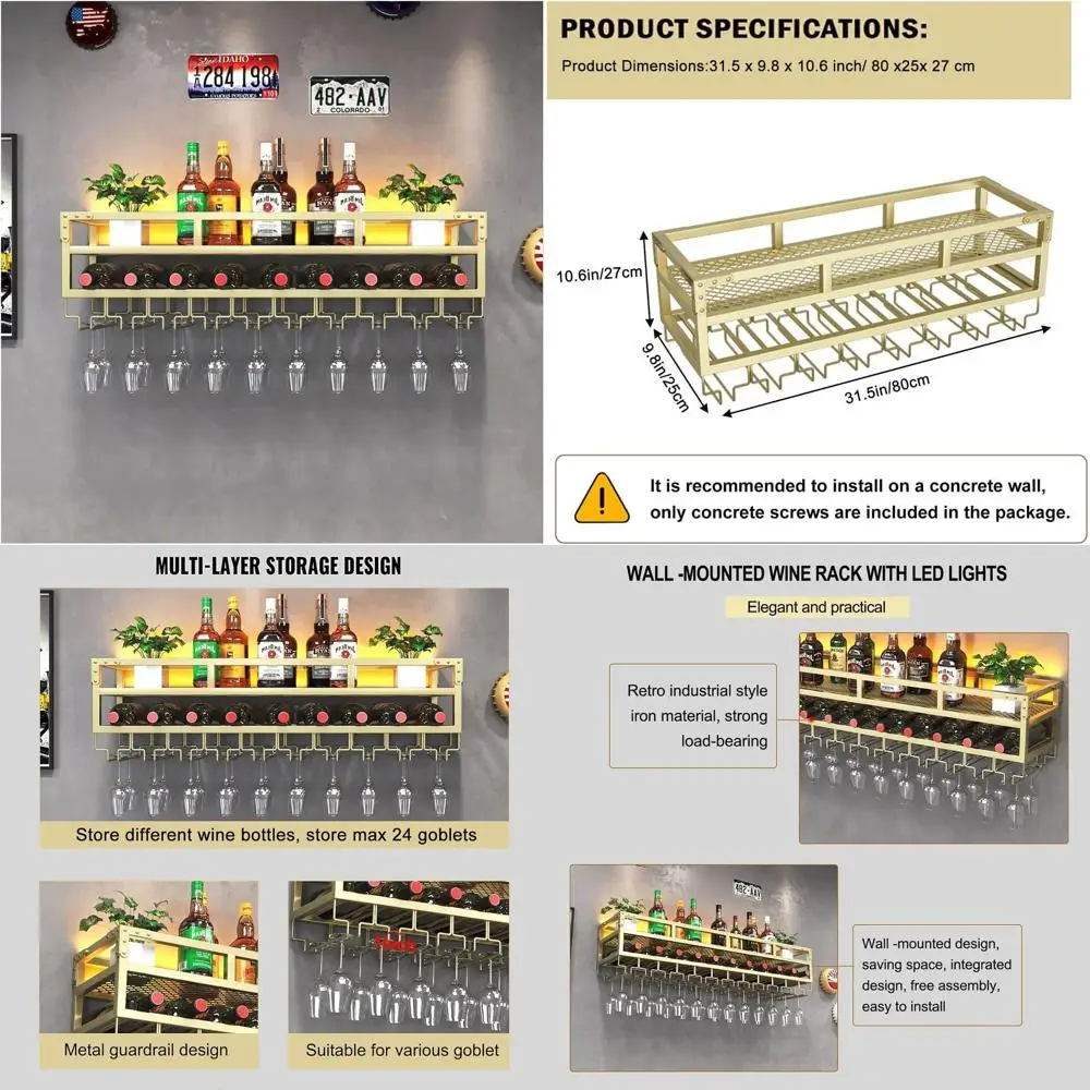 Gold Wall-Mounted Wine Rack with Glass Holder, Large Industrial Style Floating Shelves for Home Bar and Dining Room Decor, 31.5x
Gold Wall-Mounted Wine Rack with Glass Holder, Large Industrial Style Floating Shelves for Home Bar and Dining Room Decor, 31.5x