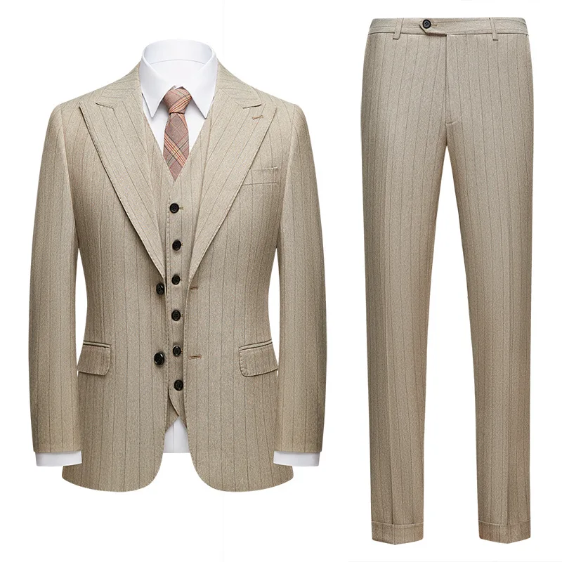 Vertical Stripes Singel Breasted Peak Lapel Slim Fit Jacket Vest Pants Blazer Business Men Suits
Vertical Stripes Singel Breasted Peak Lapel Slim Fit Jacket Vest Pants Blazer Business Men Suits