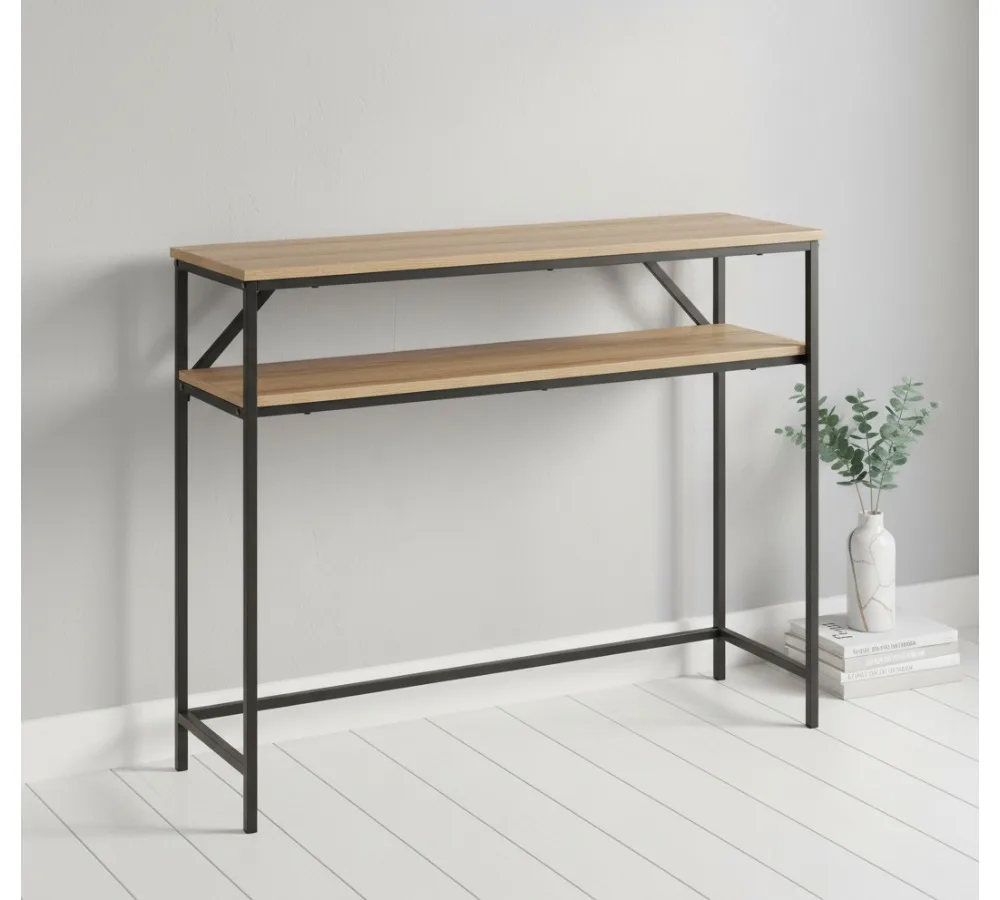 Modern Console Table with Storage Shelf, Steel Frame, Oak Finish for Living Room Entryway
Modern Console Table with Storage Shelf, Steel Frame, Oak Finish for Living Room Entryway