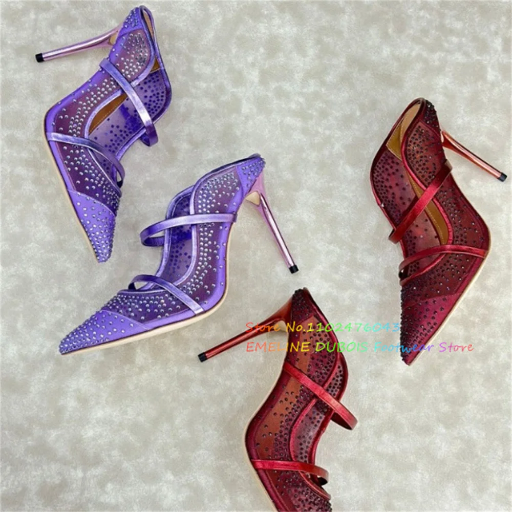 Фиолетовые сетчатые босоножки на тонком высоком каблуке с кристаллами, женские летние новые тапочки без шнуровки с острым носком на шпильке с двойными ремешками
Фиолетовые сетчатые босоножки на тонком высоком каблуке с кристаллами, женские летние новые тапочки без шнуровки с острым носком на шпильке с двойными ремешками