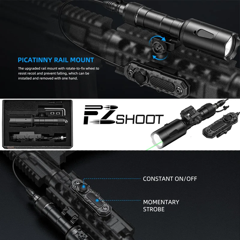 EZshoot 1000 Lumens Rifle Flashlight Green Beam Laser Light Combo Picatinny for Rail Mount with Remote Switch Constant Strobe
EZshoot 1000 Lumens Rifle Flashlight Green Beam Laser Light Combo Picatinny for Rail Mount with Remote Switch Constant Strobe