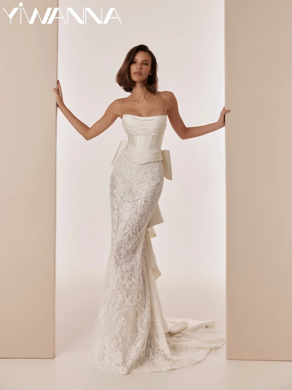 Embroidery Lace Bow Wedding Dress With Corset Strapless Long Bridal Gown Customized Ivory Mermaid Opulent Dresses For Bride
Embroidery Lace Bow Wedding Dress With Corset Strapless Long Bridal Gown Customized Ivory Mermaid Opulent Dresses For Bride