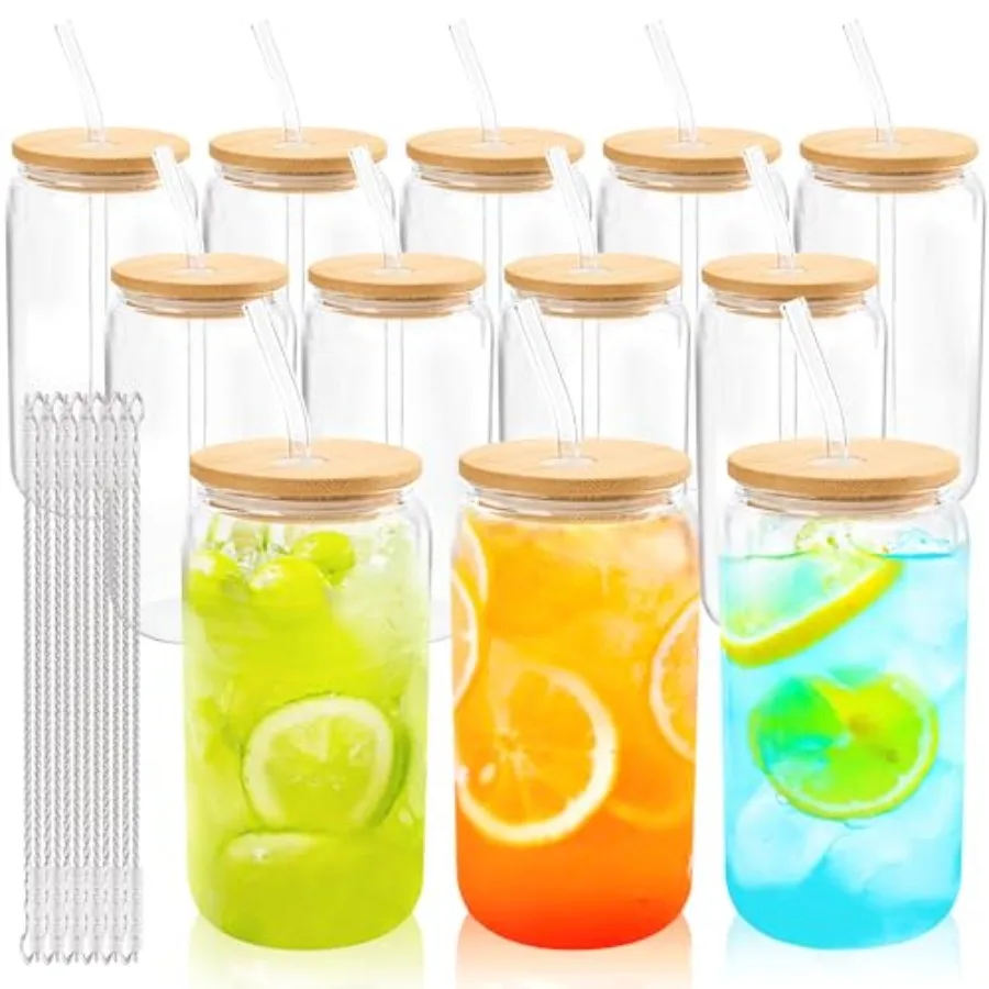 12 Set Glass Cups with Bamboo Lids and Glass Straws 16oz Can Shaped Reusable Clear Iced Coffee Glasses Bulk Set Drinking Jars w
12 Set Glass Cups with Bamboo Lids and Glass Straws 16oz Can Shaped Reusable Clear Iced Coffee Glasses Bulk Set Drinking Jars w