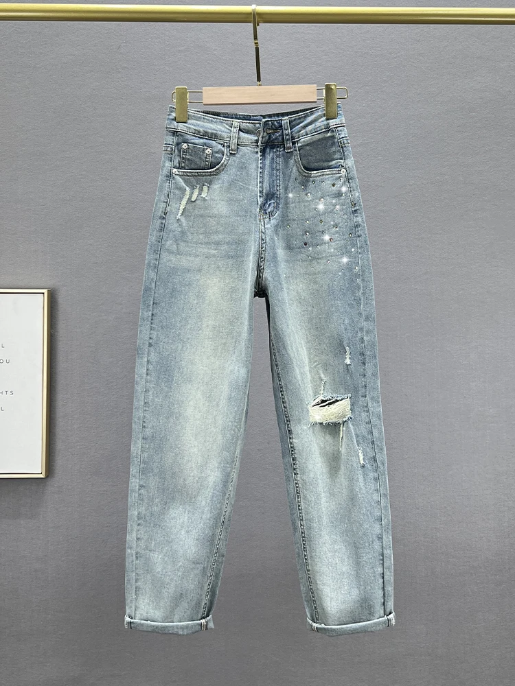 High Waist Loose Women's Jeans 2023 New Spring Denim Blue Diamond Embellished Hole Harlan Pants Torn Spring Summer Long Pants
High Waist Loose Women's Jeans 2023 New Spring Denim Blue Diamond Embellished Hole Harlan Pants Torn Spring Summer Long Pants