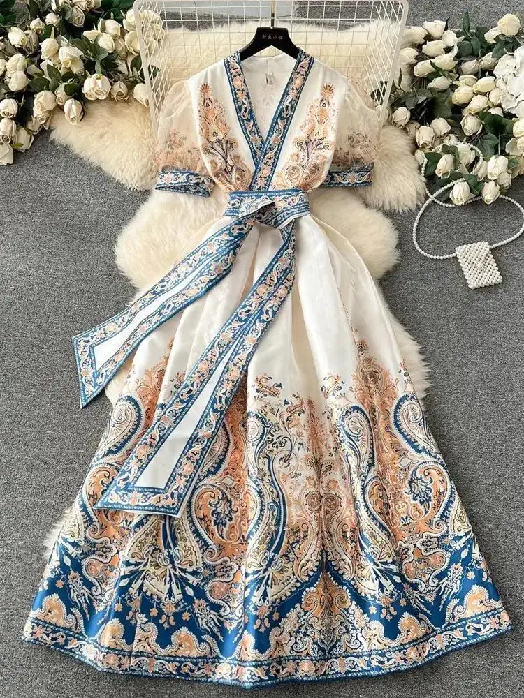 Short Puff Sleeve Cross V Neck Flower Print Bandage Lace Up Maxi Dresses New Summer Bohemian Holiday Paisley Robe Vestidos
Short Puff Sleeve Cross V Neck Flower Print Bandage Lace Up Maxi Dresses New Summer Bohemian Holiday Paisley Robe Vestidos