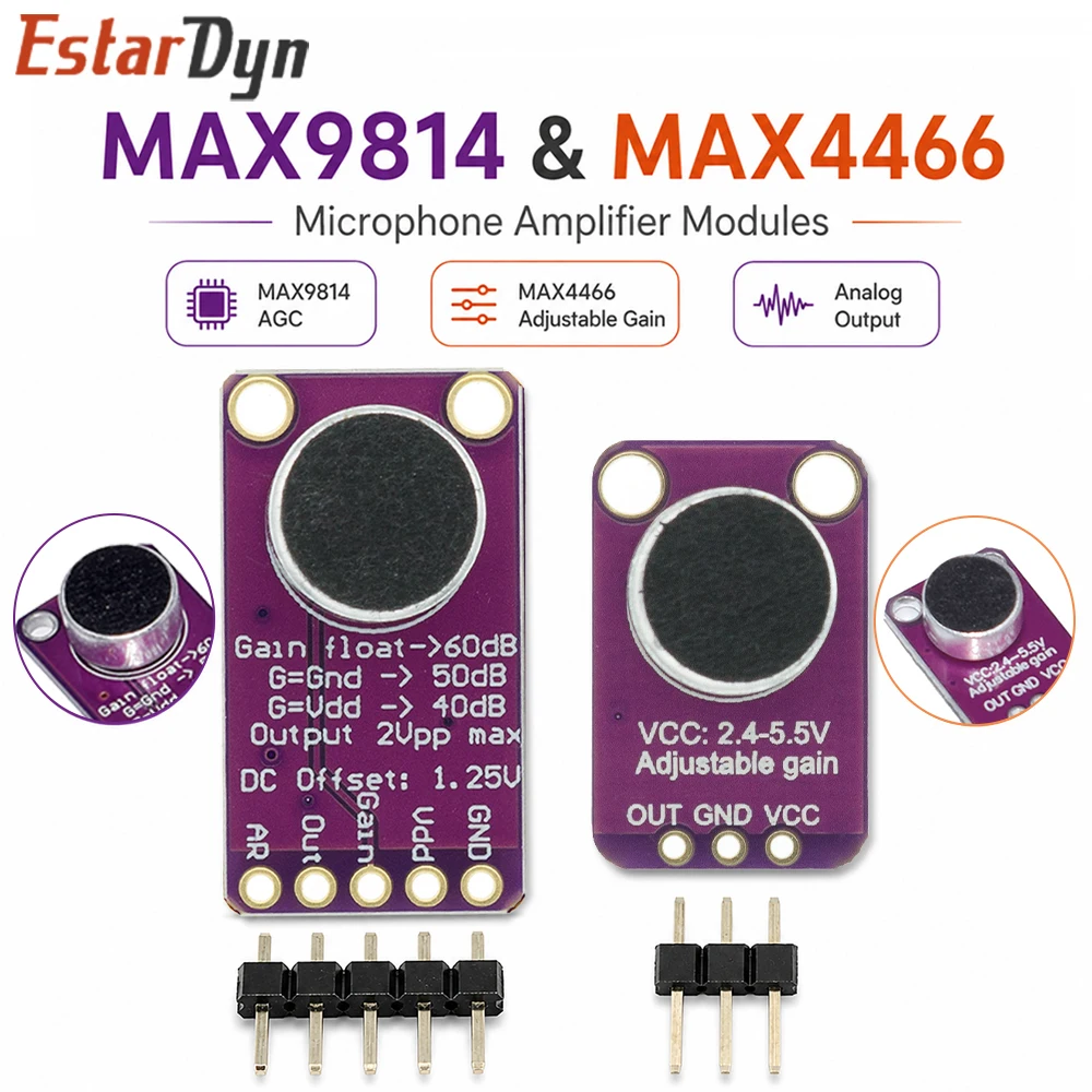 Estardyn MAX4466 MAX9814 Electret Microphone Amplifier Module Sound Sensor Board Audio Signal PCB
Estardyn MAX4466 MAX9814 Electret Microphone Amplifier Module Sound Sensor Board Audio Signal PCB