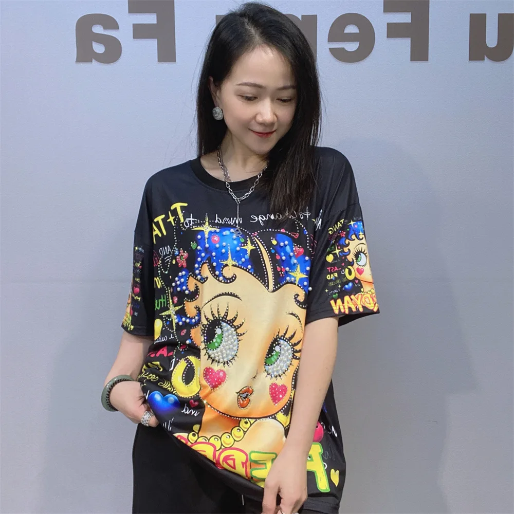 Oversized Cartoon Girl Pattern Printed Diamonds Short Sleeve Tees for Women Summer Clothing Casual Loose O Neck T Shirt Knitwear
Oversized Cartoon Girl Pattern Printed Diamonds Short Sleeve Tees for Women Summer Clothing Casual Loose O Neck T Shirt Knitwear