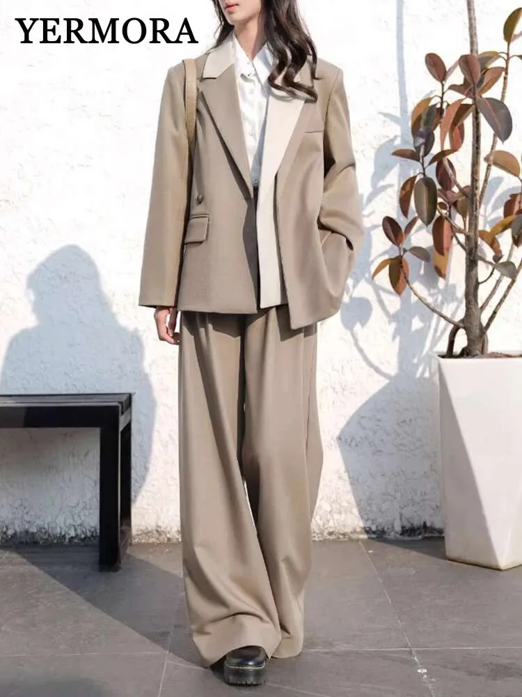 YERMORA Women Two Pieces Set Khaki Patchwork Blazer Lapel Long Sleeve Fashion Wide Leg Pants Tide Spring Summer 2025 New A932
YERMORA Women Two Pieces Set Khaki Patchwork Blazer Lapel Long Sleeve Fashion Wide Leg Pants Tide Spring Summer 2025 New A932