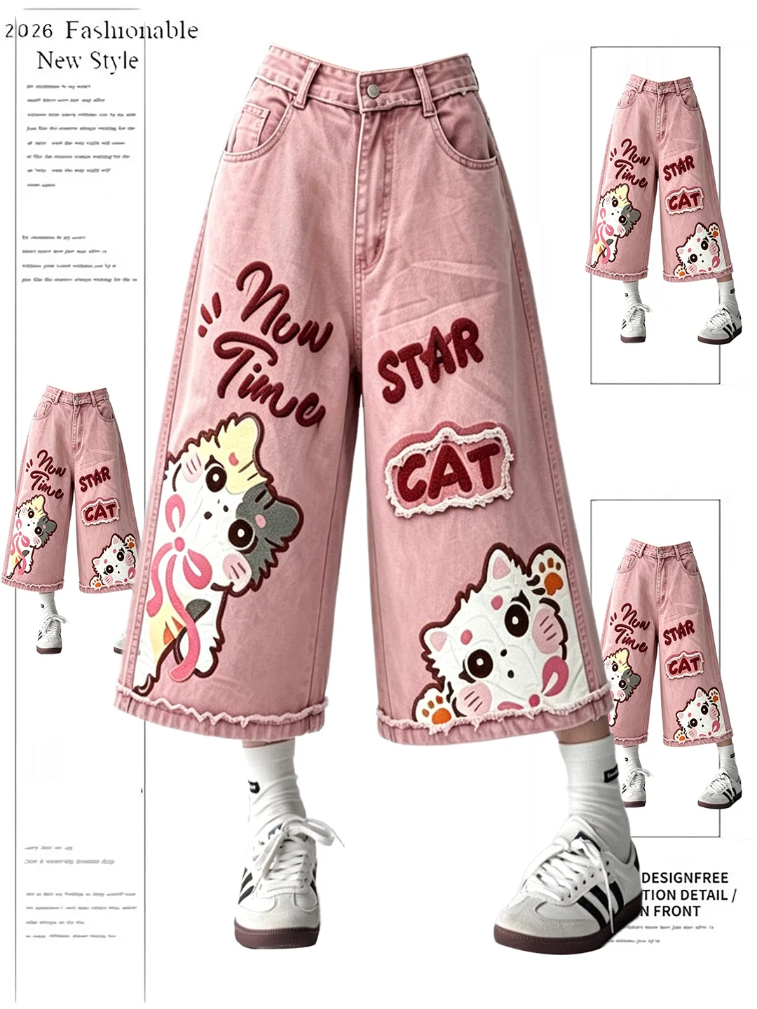 Retro American Cartoon Embroidery Pink Denim Wide Leg Pants Women's Summer Casual Wear High Waist Zipper Closure Soft Washed
Retro American Cartoon Embroidery Pink Denim Wide Leg Pants Women's Summer Casual Wear High Waist Zipper Closure Soft Washed