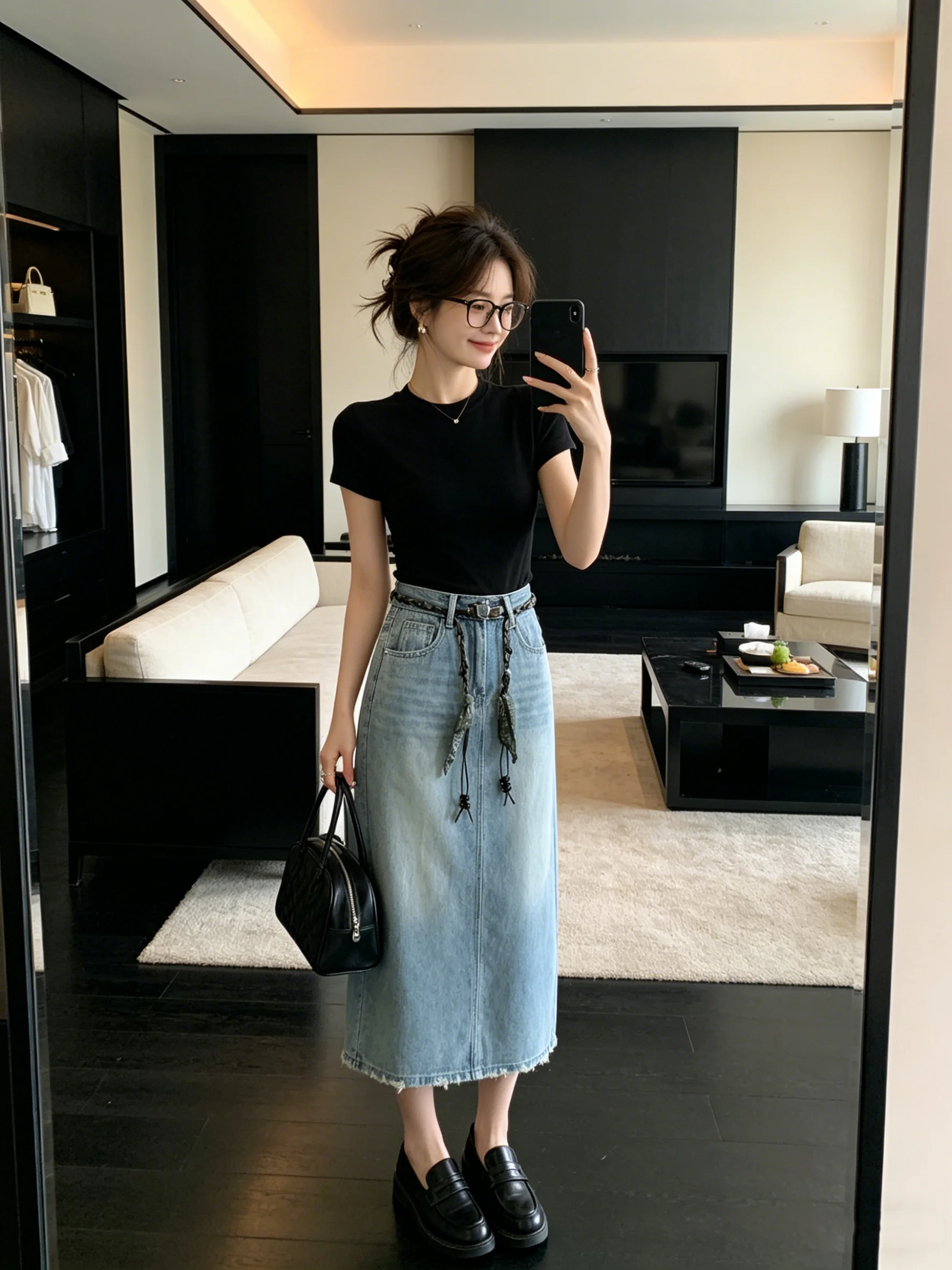 Korean Style High Waist Denim Skirt with Silk Scarf Waist Belt A-Line Midi Dress Slimming Straight Cut Long Skirt
Korean Style High Waist Denim Skirt with Silk Scarf Waist Belt A-Line Midi Dress Slimming Straight Cut Long Skirt