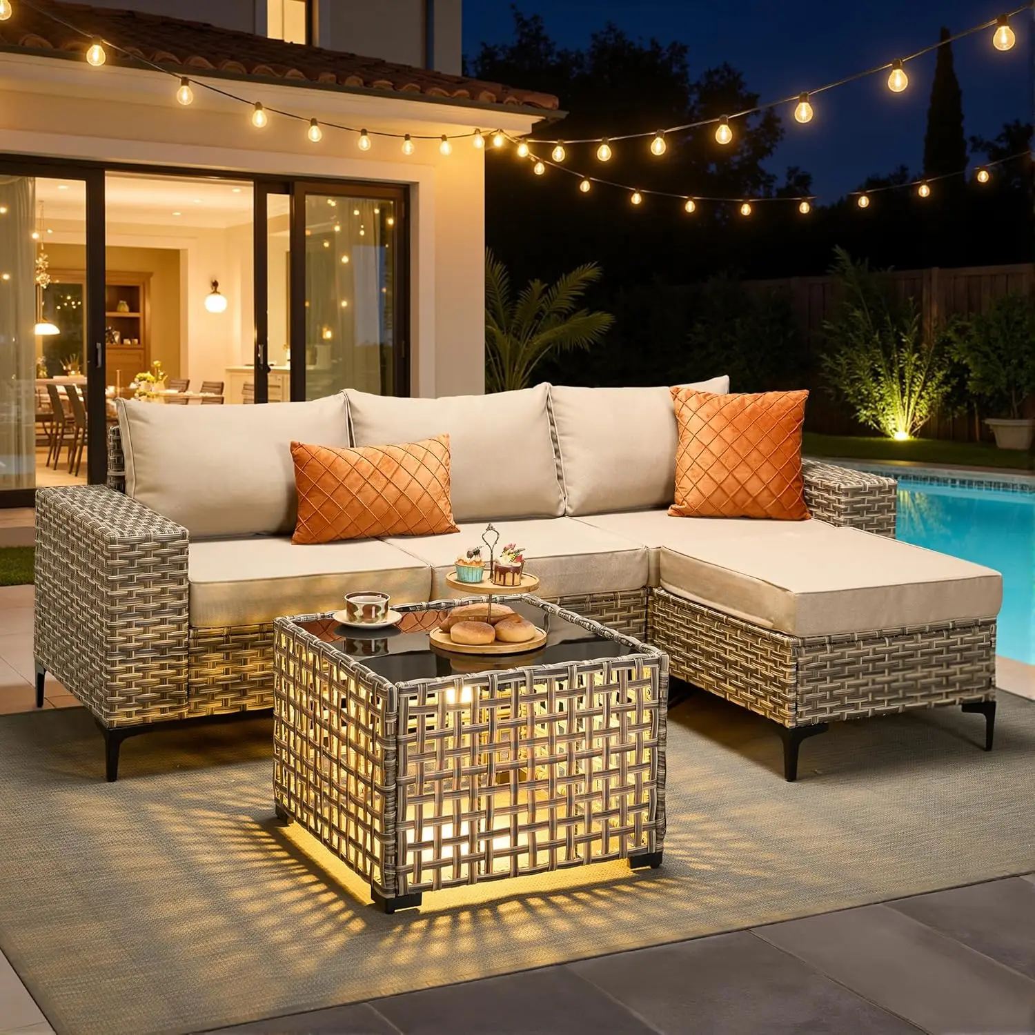 5 Pieces Patio Furniture Set,L Shaped Outdoor Sectional Couch with Solar Table, Pe Wicker All Weather
5 Pieces Patio Furniture Set,L Shaped Outdoor Sectional Couch with Solar Table, Pe Wicker All Weather