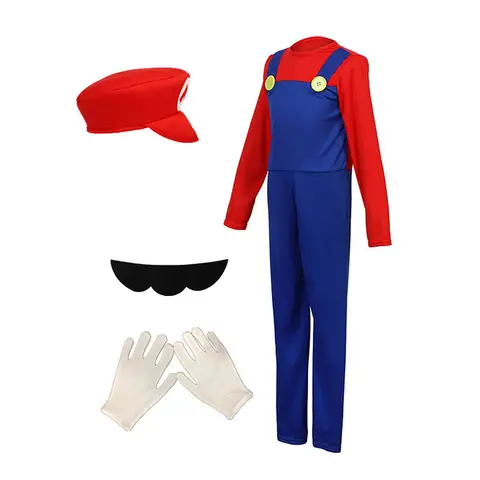 Boy Red and Green Game Jumpsuit with Hat, Beard, and Gloves, Halloween Costume for Performances, Parties, and Birthday Gifts