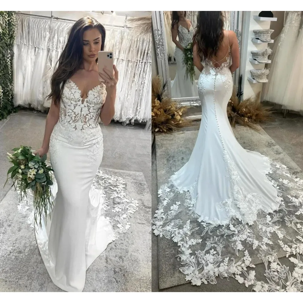 Sexy Backless Mermaid Wedding Dresses With Train Spaghetti Straps Auuliques Lace Summer Bridal Gowns vestido de novia
Sexy Backless Mermaid Wedding Dresses With Train Spaghetti Straps Auuliques Lace Summer Bridal Gowns vestido de novia