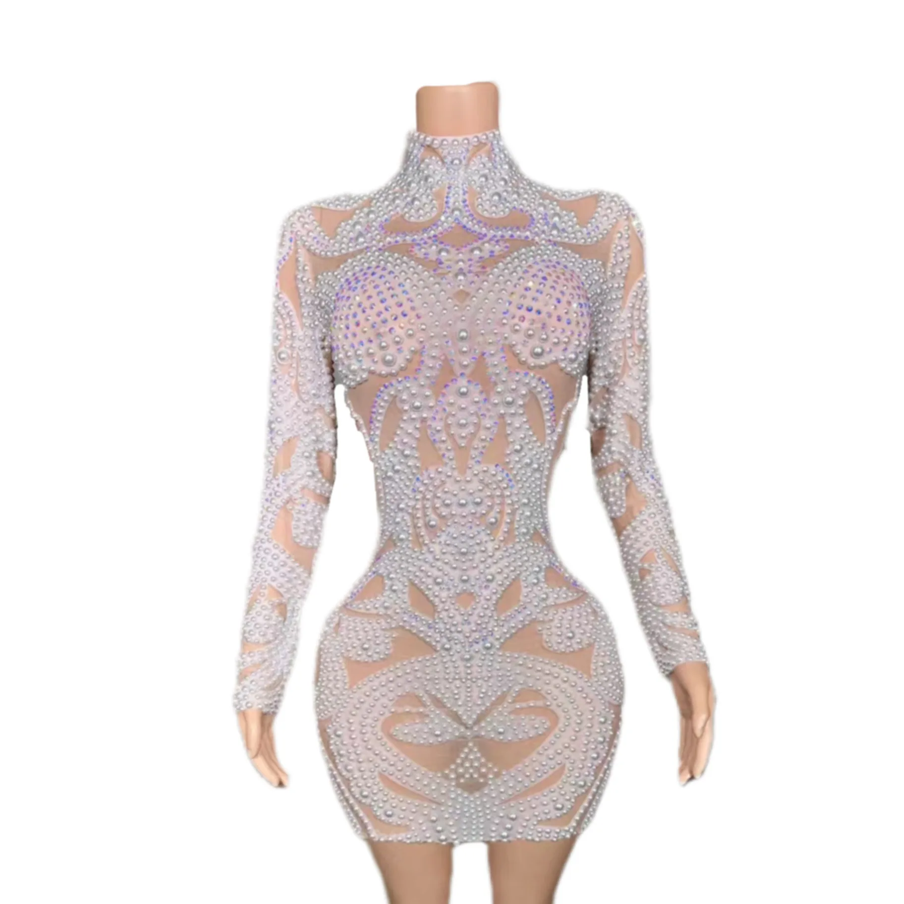 Sexy Costume Women's Pearls Mesh Half Turtleneck Tight Short Dress Mini Skirt Evening Female Singer Watch
Sexy Costume Women's Pearls Mesh Half Turtleneck Tight Short Dress Mini Skirt Evening Female Singer Watch